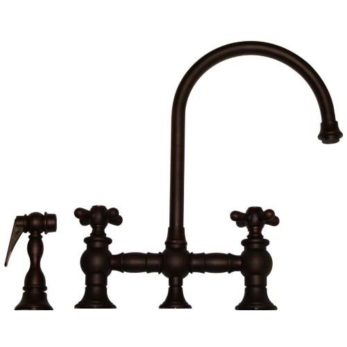 WHI-WHKBCR3-9101-MB Vintage III bridge faucet with long gooseneck swivel spout, cross handles and solid brass side spray