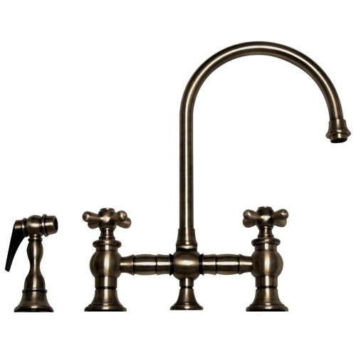 WHI-WHKBCR3-9101-P Vintage III bridge faucet with long gooseneck swivel spout, cross handles and solid brass side spray