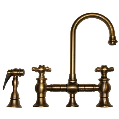 WHI-WHKBCR3-9106-AB Vintage III entertainment/prep bridge faucet with short gooseneck swivel spout, cross handles and solid brass side spray