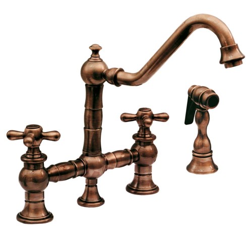 WHI-WHKBTCR3-9201-ACO Vintage III bridge faucet with long traditional swivel spout, cross handles and solid brass side spray