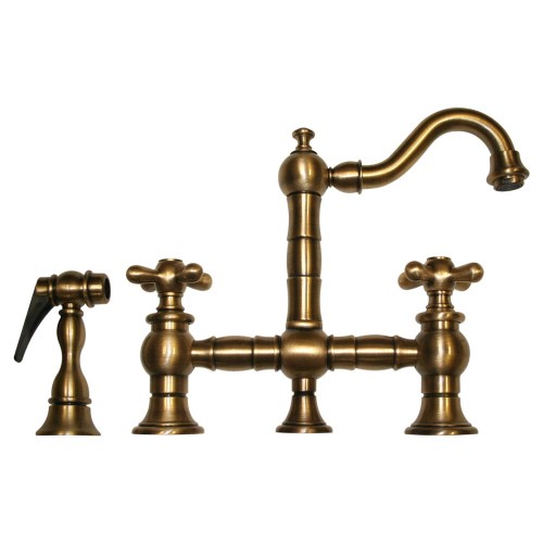 WHI-WHKBTCR3-9206-AB Vintage III entertainment/prep bridge faucet with short traditional swivel spout, cross handles and solid brass side spray