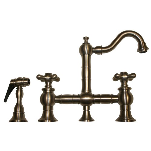 WHI-WHKBTCR3-9206-BN Vintage III entertainment/prep bridge faucet with short traditional swivel spout, cross handles and solid brass side spray