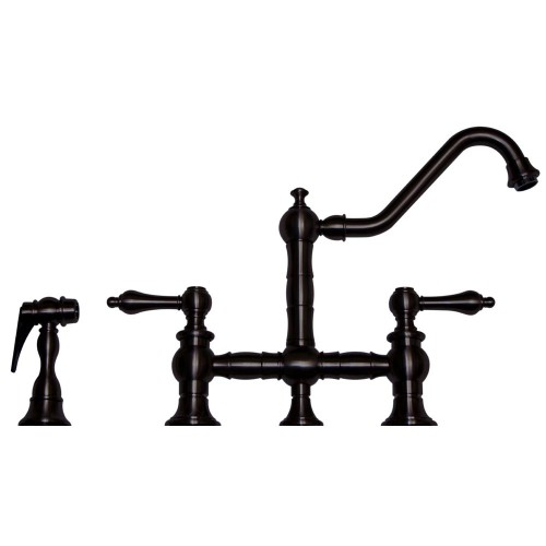 WHI-WHKBTLV3-9201-ORB Vintage III bridge faucet with long traditional swivel spout, lever handles and solid brass side spray