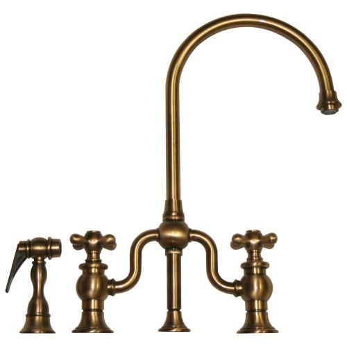 WHI-WHTTSCR3-9773SPR-AB Twisthaus bridge faucet with long gooseneck swivel spout, cross handles and solid brass side spray
