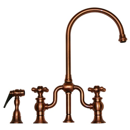WHI-WHTTSCR3-9773SPR-ACO Twisthaus bridge faucet with long gooseneck swivel spout, cross handles and solid brass side spray