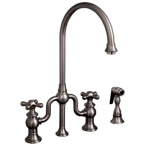 WHI-WHTTSCR3-9773SPR-BN Twisthaus bridge faucet with long gooseneck swivel spout, cross handles and solid brass side spray