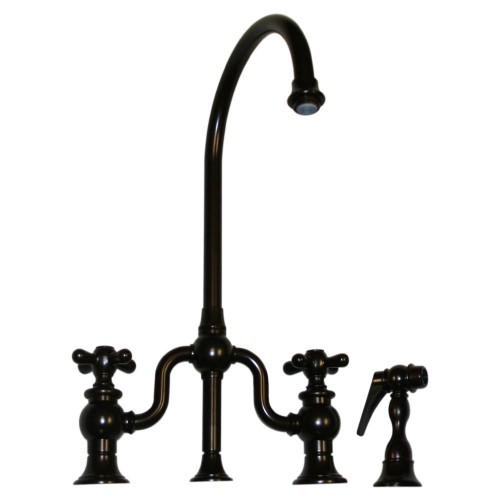 WHI-WHTTSCR3-9773SPR-ORB Twisthaus bridge faucet with long gooseneck swivel spout, cross handles and solid brass side spray