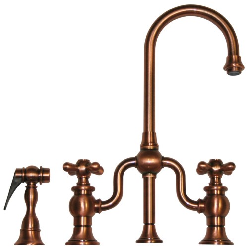 WHI-WHTTSCR3-9774SPR-ACO Twisthaus entertainment/prep bridge faucet with short gooseneck swivel spout, cross handles and solid brass side spray