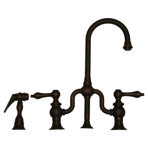 WHI-WHTTSLV3-9774SPR-MB Twisthaus entertainment/prep bridge faucet with short gooseneck swivel spout, lever handles and solid brass side spray