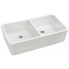 WHI-WHB5122-WHITE Basichaus non reversible double bowl fireclay sink with decorative 2" lip and 3 1/2 inch center drain