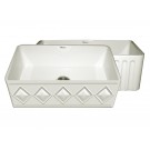 WHI-WHFLDI3018-BISCUIT Diamondhaus Reversible Series fireclay sink with a diamon design front apron on one side, and a fluted front apron on the opposite side