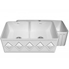 WHI-WHFLDI3318-WHITE Diamondhaus Reversible Series double bowl fireclay sink with a diamon design front apron on one side, and a fluted front apron on the opposite side