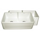 WHI-WHFLCON3318-BISCUIT Reversible series double bowl fireclay sink with Concave front apron one side and fluted front apron on other