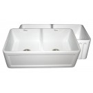 WHI-WHFLCON3318-WHITE Reversible series double bowl fireclay sink with Concave front apron one side and fluted front apron on other