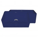 WHI-WHFLGO3018-BLUE Gothichaus Reversible Series fireclay sink with a gothic swirl design front apron on one side, and a fluted front apron on the opposite side.