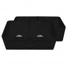 WHI-WHFLGO3318-BLACK Gothichaus Reversible Series fireclay double bowl sink with a gothic swirl design front apron on one side, and a fluted front apron on the opposite side.