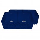 WHI-WHFLGO3318-BLUE Gothichaus Reversible Series fireclay double bowl sink with a gothic swirl design front apron on one side, and a fluted front apron on the opposite side.