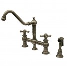 WHI-WHKBTCR3-9201-BN Vintage III bridge faucet with long traditional swivel spout, cross handles and solid brass side spray