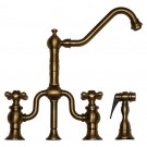 WHI-WHTTSCR3-9771SPR-AB Twisthaus bridge faucet with long traditional swivel spout, cross handles and solid brass side spray