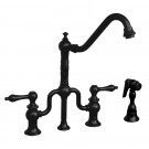 WHI-WHTTSLV3-9771SPR-ORB Twisthaus bridge faucet with long traditional swivel spout, lever handles and solid brass side spray
