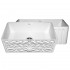 WHI-WHFLGO3018-WHITE Gothichaus Reversible Series fireclay sink with a gothic swirl design front apron on one side, and a fluted front apron on the opposite side.