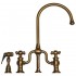WHI-WHTTSCR3-9773SPR-AB Twisthaus bridge faucet with long gooseneck swivel spout, cross handles and solid brass side spray