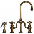 WHI-WHTTSCR3-9774SPR-AB Twisthaus entertainment/prep bridge faucet with short gooseneck swivel spout, cross handles and solid brass side spray