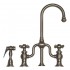 WHI-WHTTSCR3-9774SPR-BN Twisthaus entertainment/prep bridge faucet with short gooseneck swivel spout, cross handles and solid brass side spray