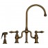WHI-WHTTSLV3-9773SPR-AB Twisthaus bridge faucet with long gooseneck swivel spout, lever handles and solid brass side spray